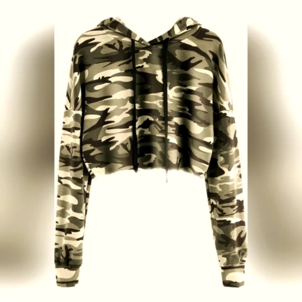 Army Print Camouflage Cropped Workout Casual Hoodie M